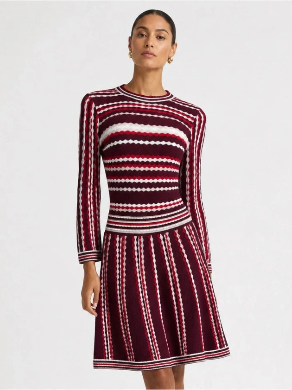 KATE SPADE Burgundy, Red & White Striped Long Sleeve Knit Dress